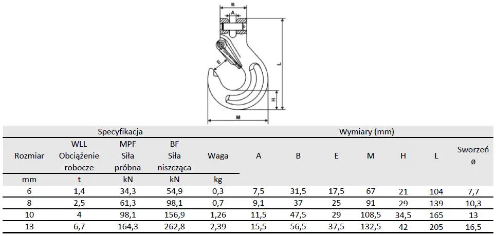 hak z zabezpieczeniem do zawiesi